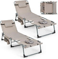 Tumbonas Plegables de Jardín Costway, 5 Posiciones Ajustables con Reposapiés y Almohada Extraíble para Playa y Piscina, Set de 2, Beige