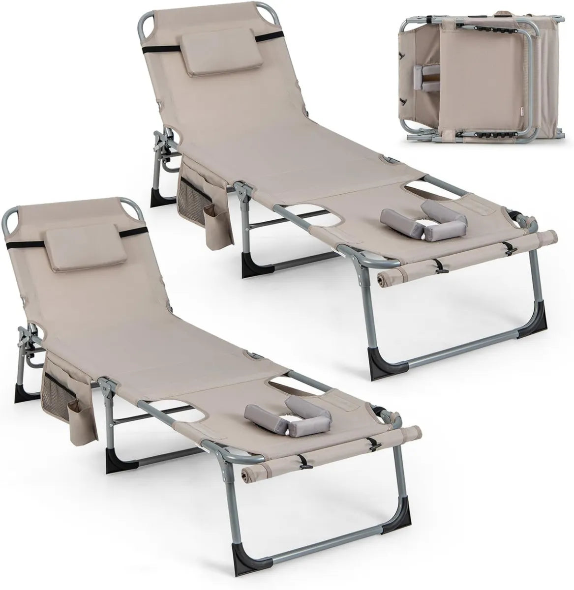 Tumbonas Plegables de Jardín Costway, 5 Posiciones Ajustables con Reposapiés y Almohada Extraíble para Playa y Piscina, Set de 2, Beige