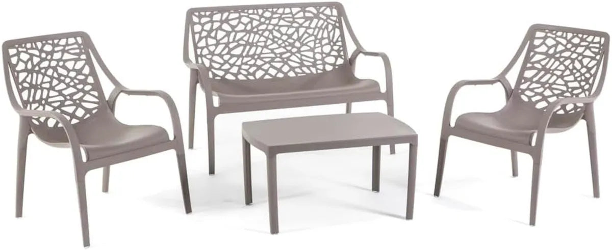 Conjunto de Muebles de Jardín para Exterior, 4 Plazas, Sofá y Sillones Apilables, Resistente al Agua, Diseño Moderno - Modelo Maratea (Tortora)