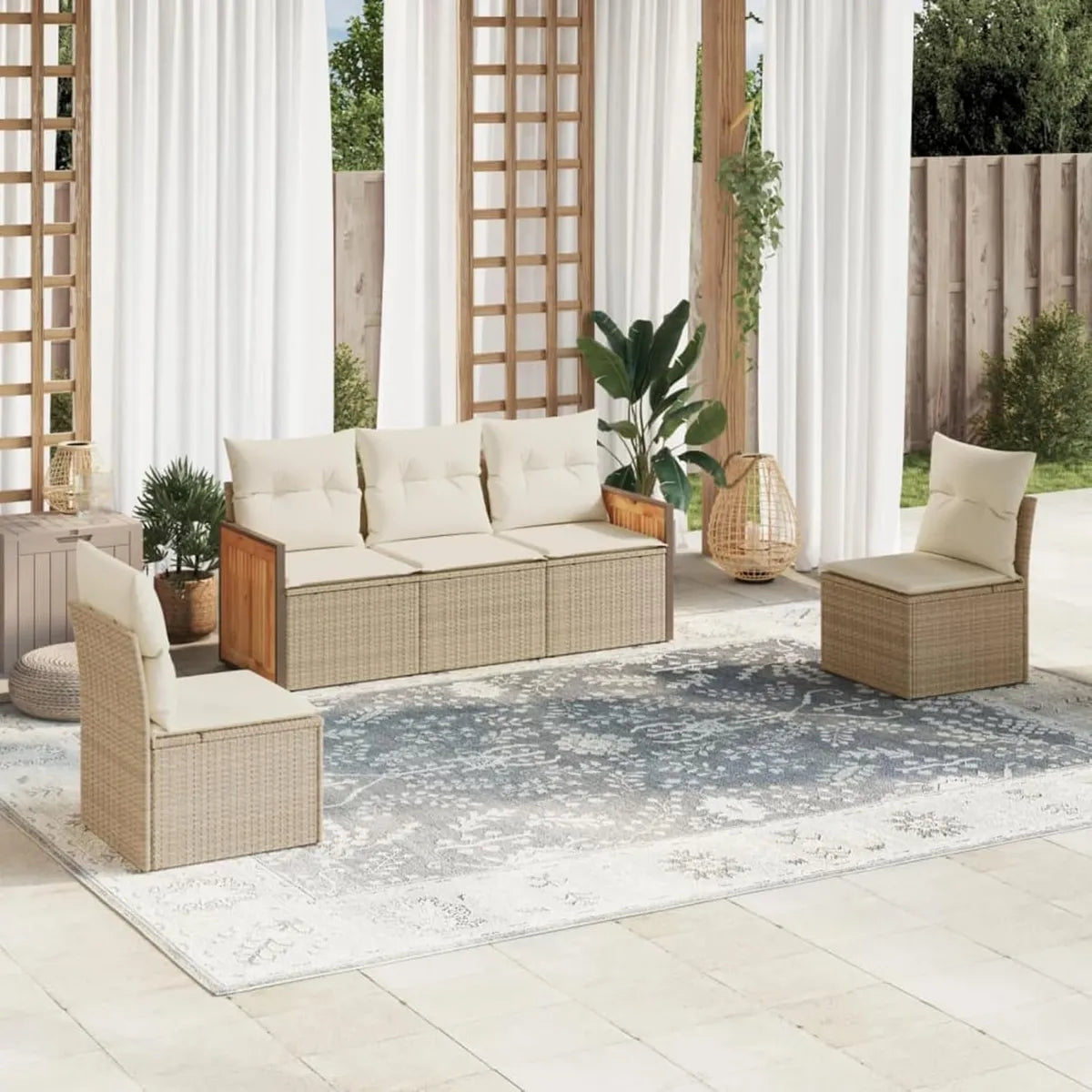 Set de Muebles de Jardín de Ratán con Sofá y Mesa, Almacenamiento Integrado, Beige y Crema
