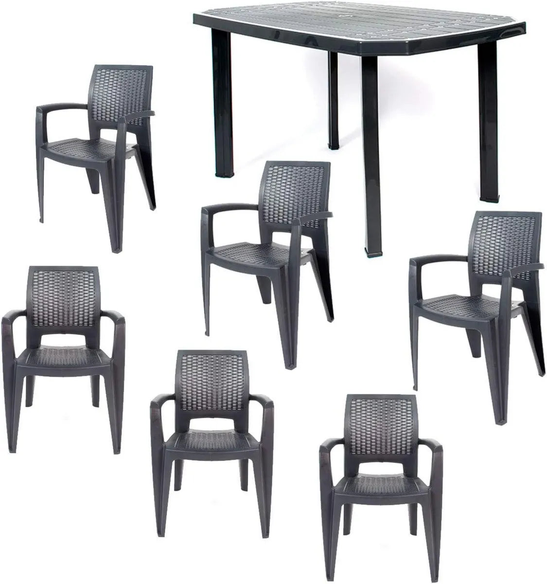 Set de Comedor Exterior: Mesa Viana y 6 Sillas Caribe en Resina Antracita