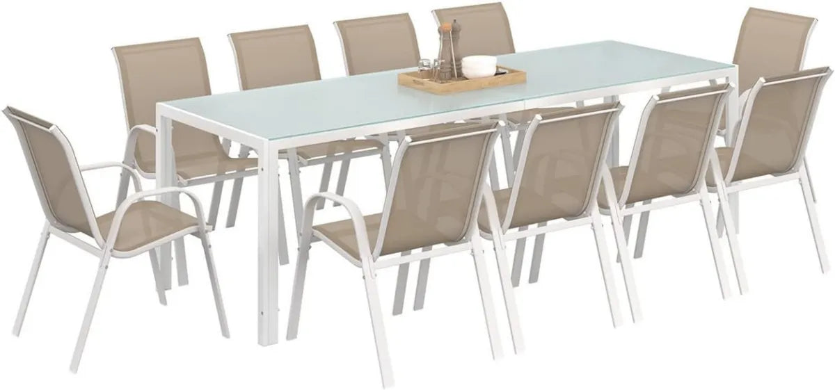 Conjunto de Jardín de 11 Piezas: Mesa 240 cm y Sillas Apilables en Blanco y Beige