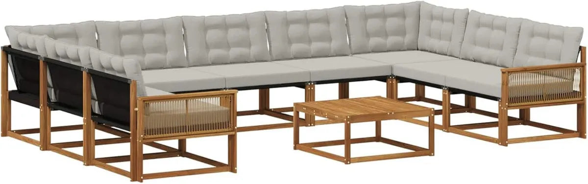 Conjunto de Sofás de Jardín 10 Piezas Natural y Gris Claro, Sofá Modular Moderno con Comodidad para Terraza