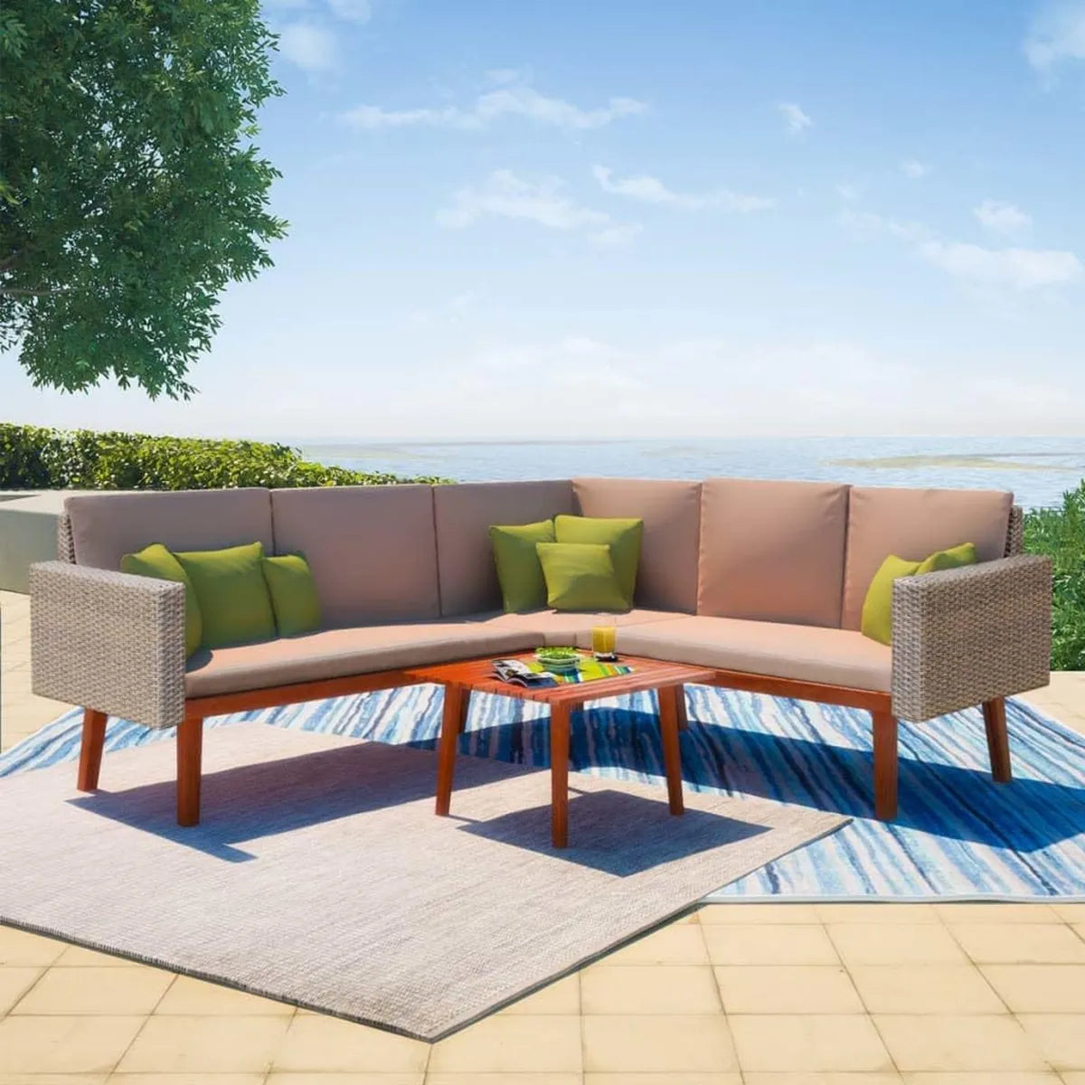 Conjunto de Muebles de Jardín de Polirratán Gris con Cojines Cómodos, Sofá Exterior Resistente para Terraza y Balcón, Mesa de Café Incluida