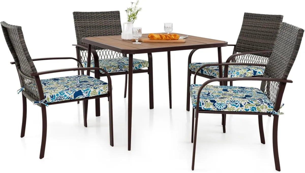 Juego de Comedor Exterior 5 Piezas COSTWAY con Sillas de Ratán y Mesa con Agujero para Sombrilla