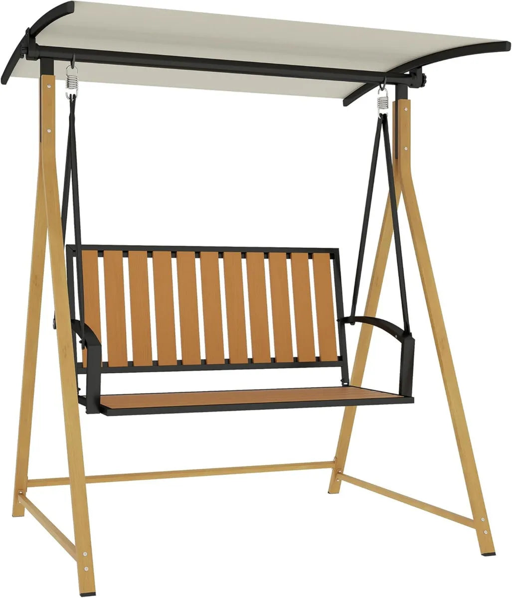 Columpio de Jardín para 2 Personas con Estructura Metálica y Toldo Ajustable, Soporte 240 kg, 142x112x162 cm, Color Natural y Beige