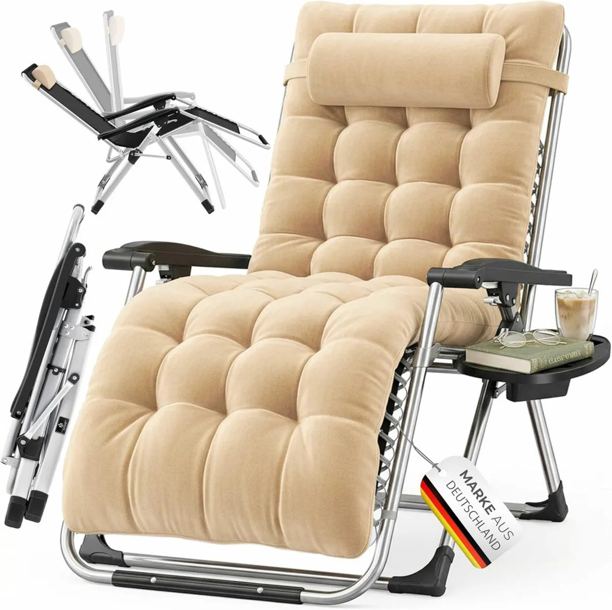 Tumbona Plegable KESSER 200 kg Ergonómica con Respaldo Ajustable y Portavasos Beige