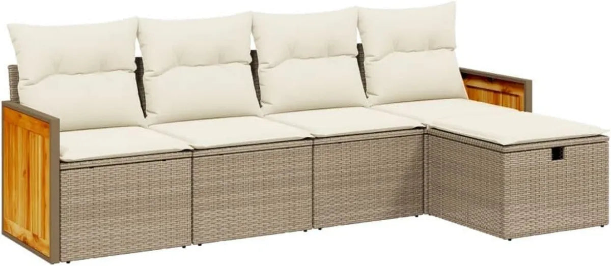 Conjunto Modular de Sofás de Jardín con Cojines Beige, Ratán Sintético, 5 Piezas para Terraza