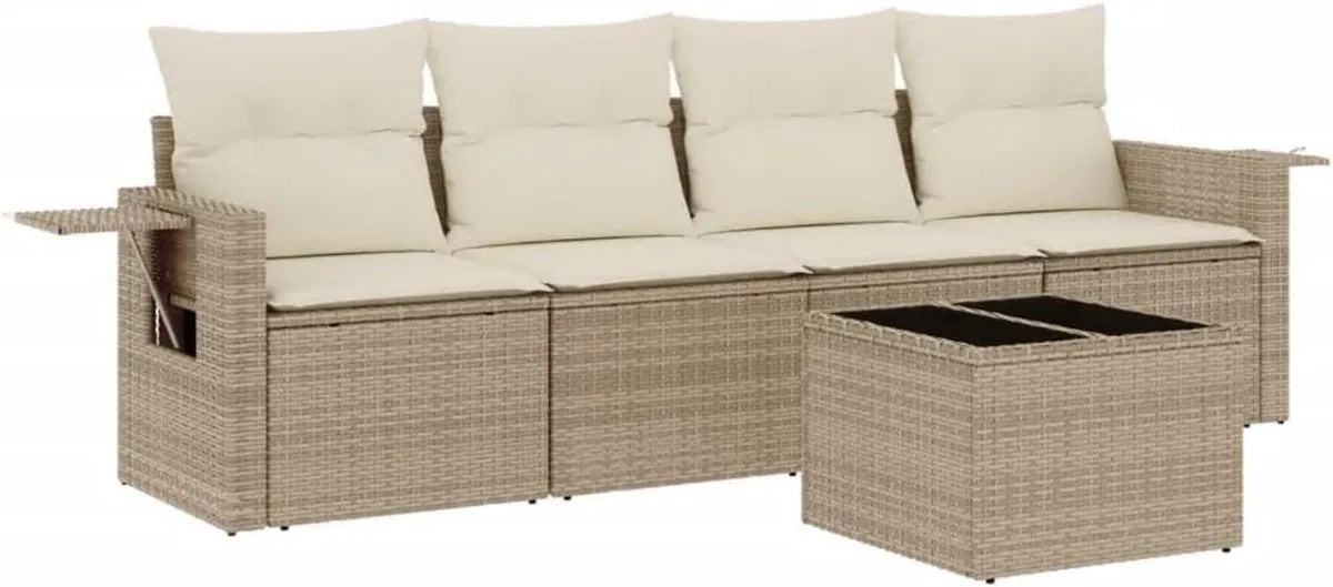 Conjunto de Sofás de Jardín con Cojines 5 Piezas, Muebles Modulares para Patio, Ratán Sintético Beige