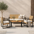 Conjunto de Muebles de Jardín Exterior 4 Piezas - Mesa, Sofá y Sillas con Cojines - Acero, Madera y Ratán