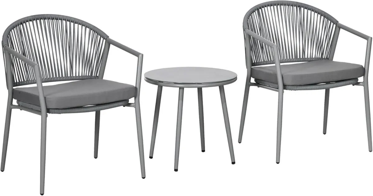 Conjunto de Ratán para Jardín de 3 Piezas con Cojines y Mesa de Vidrio Gris