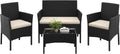 Juego de Muebles de Jardín de 4 Piezas en Ratán, Incluye Sofá Doble, 2 Sillones y Mesa de Vidrio, para Exterior Terraza o Balcón Negro/Beige