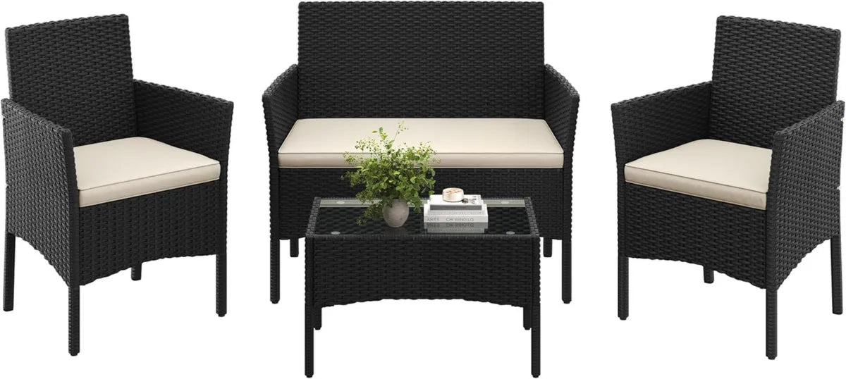 Juego de Muebles de Jardín de 4 Piezas en Ratán, Incluye Sofá Doble, 2 Sillones y Mesa de Vidrio, para Exterior Terraza o Balcón Negro/Beige
