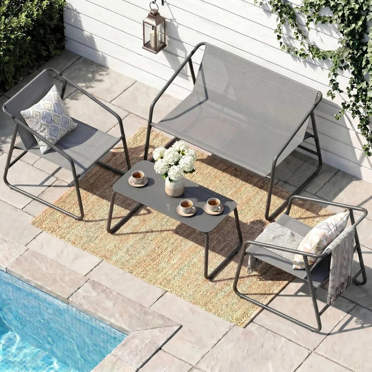 Juego de Jardín 4 Piezas LIFERUN, Muebles de Terraza con Sofá y Sillones, Conjunto de Exterior Resistente al Clima, Color Gris