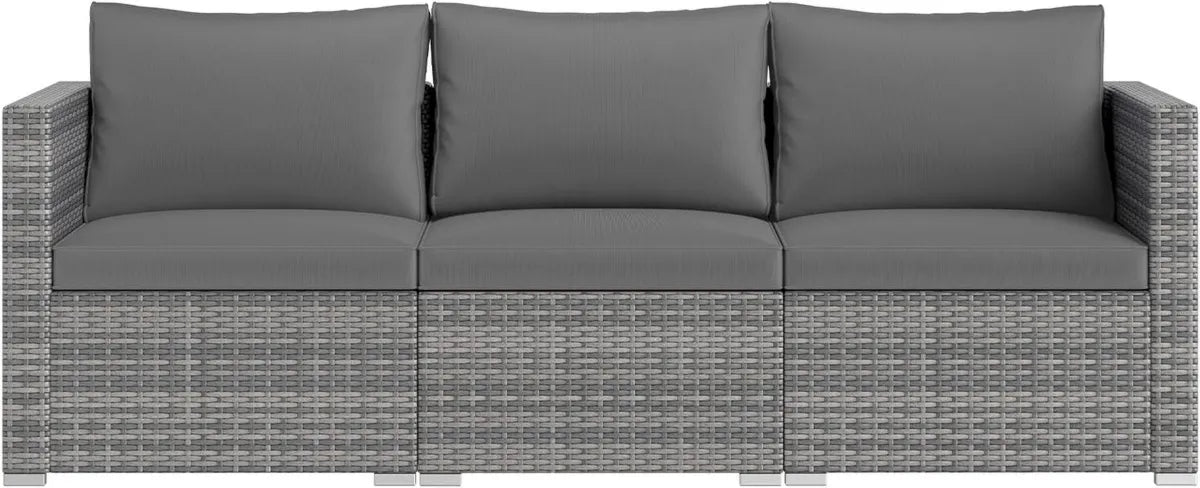 Sofá de Jardín de Ratán para 3 Personas con Cojines, Conjunto Modular para Exterior de 3 Piezas, Ideal para Terraza y Balcón, 193x67x61,5 cm, Color Gris