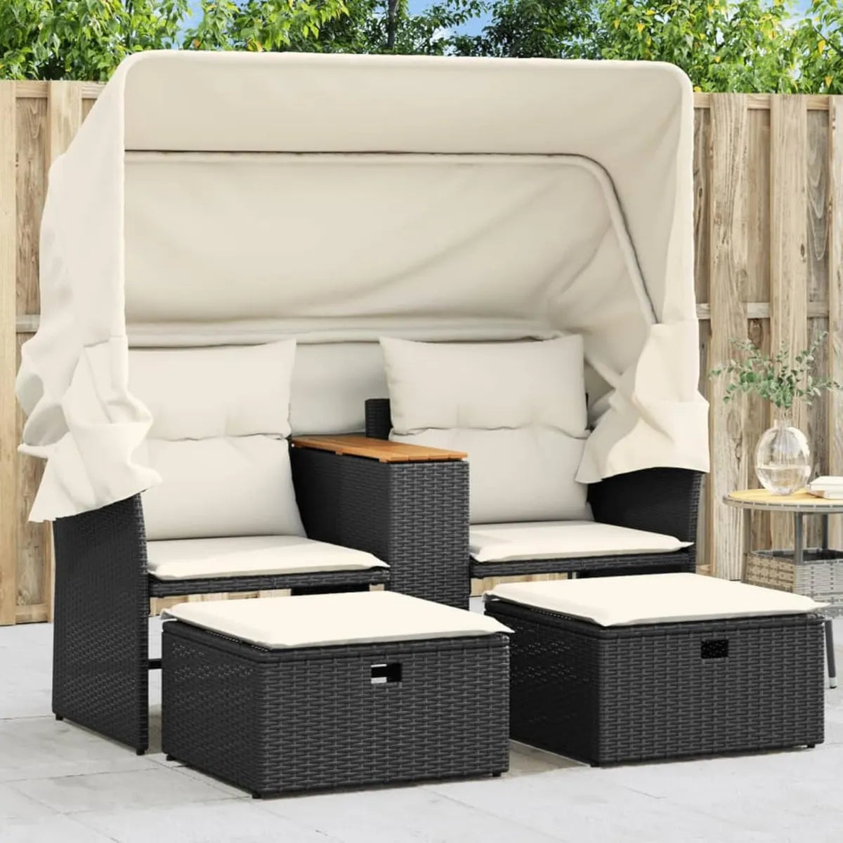 Conjunto de Sofá de Jardín para Exterior con Toldo y Mesa, Ideal para Terraza y Patio en Color Negro