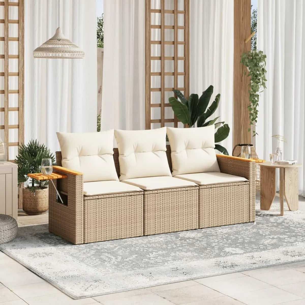 Conjunto de Sofás para Jardín con Cojines Beige de Ratán PE - 3 Piezas