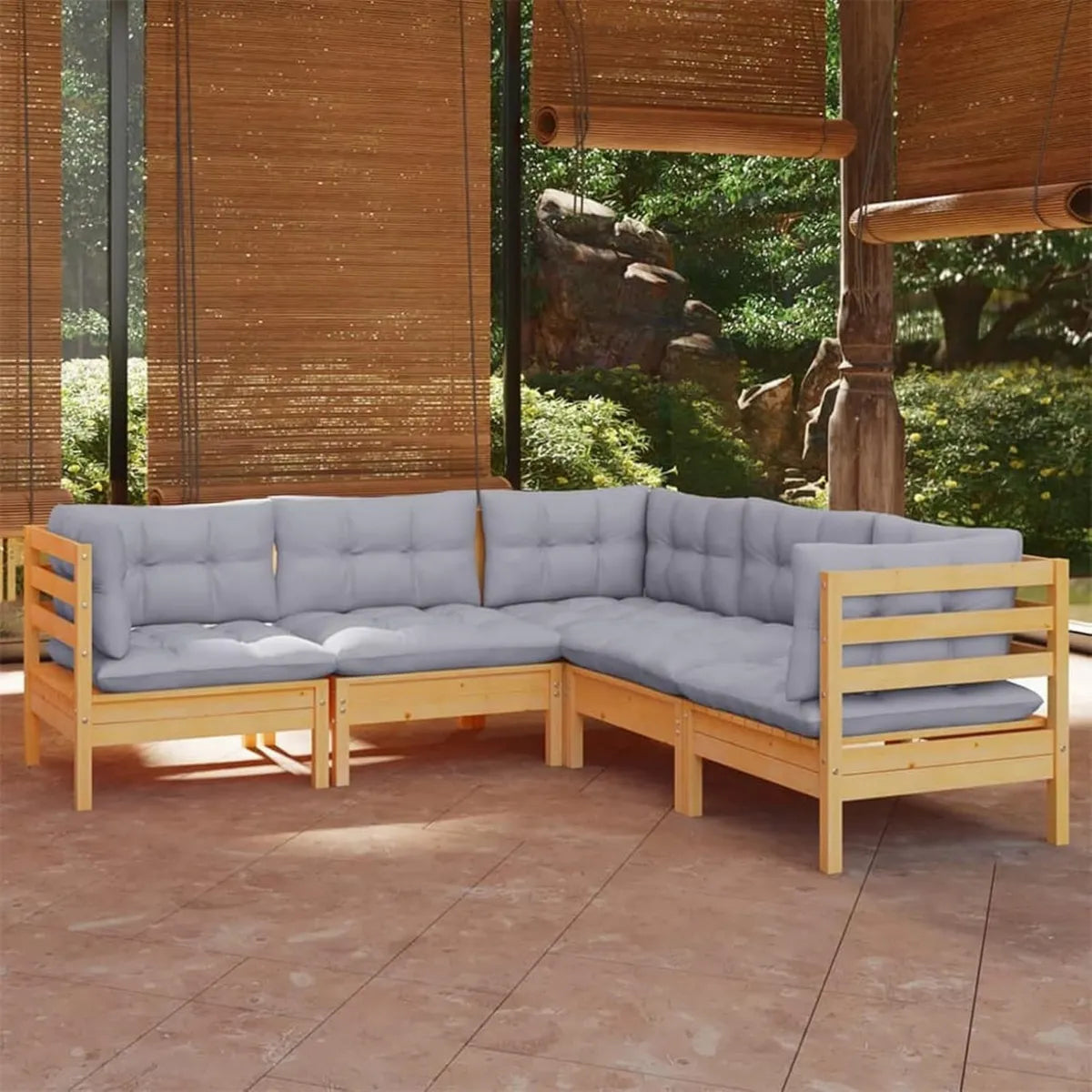 Conjunto de Muebles de Jardín de Madera Maciza de Pino con Cojines, 5 Piezas