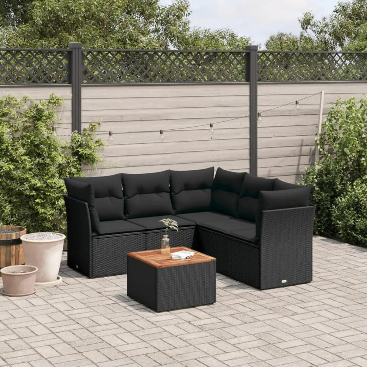 Conjunto de Jardín 6 Piezas con Cojines de Ratán Sintético Negro