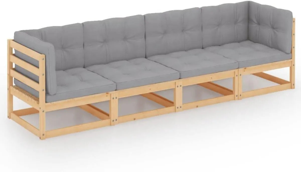 Conjunto de Sofá de Jardín 4 Plazas con Cojines de Madera de Pino para Terraza y Balcón