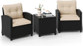 Conjunto de Muebles de Jardín 3 Piezas, Sillones de Ratán con Cojines y Mesa de Vidrio, Ideal para Terraza y Patio (Negro y Marrón)