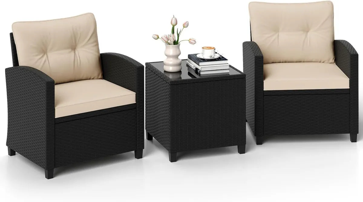 Conjunto de Muebles de Jardín 3 Piezas, Sillones de Ratán con Cojines y Mesa de Vidrio, Ideal para Terraza y Patio (Negro y Marrón)