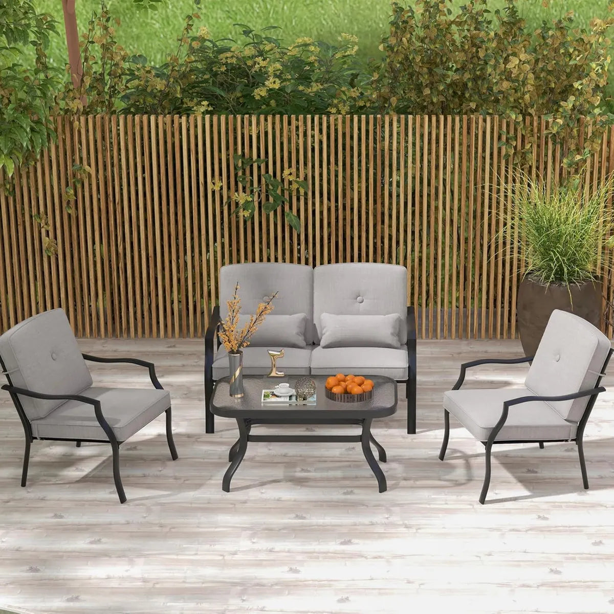 Conjunto de Jardín 4 Piezas: Sofá Doble, Sillones y Mesa de Vidrio con Cojines, Para Exterior y Balcón (Gris)