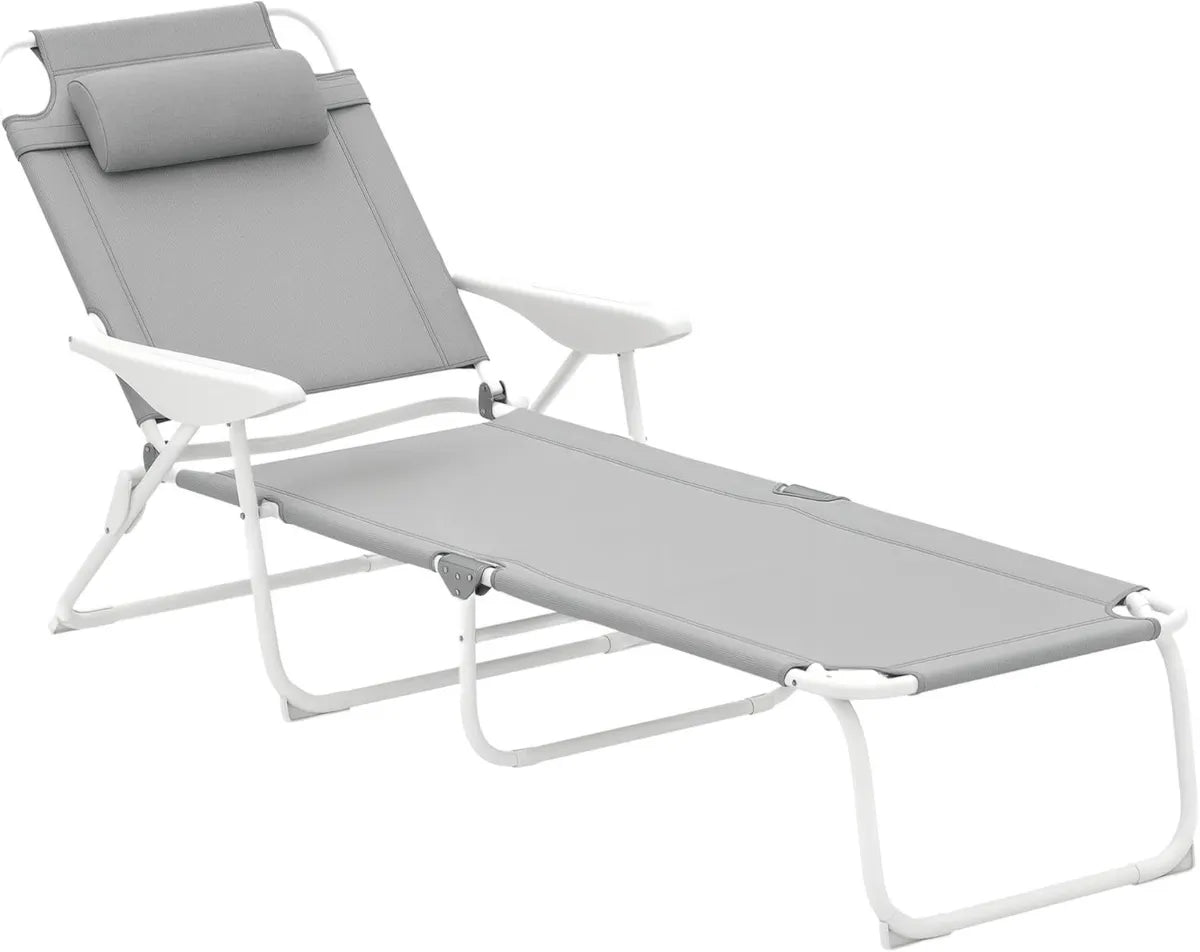 Outsunny Tumbona Plegable con Respaldo Ajustable y Reposacabezas Desmontable para Exterior, Carga Máxima 120 kg, Gris