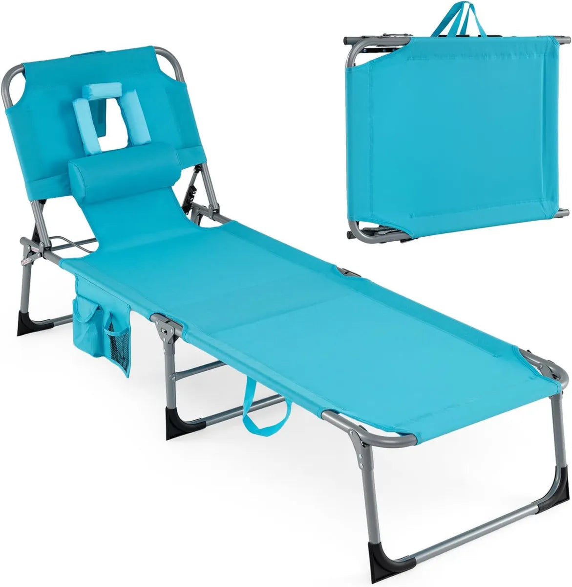 Tumbona Reclinable Plegable con Almohada y Bolsillos, 5 Niveles Ajustables, para Playa o Piscina, Soporta 150kg, Turquesa