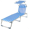Hamaca Plegable Aktive para Playa, Rayas Azules, 186x49x30 cm, 5 Posiciones Antivuelco, con Parasol y Cojín, Soporte hasta 110 kg, Aluminio, Ideal para Terraza y Jardín