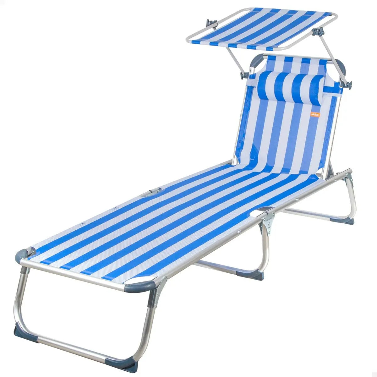 Hamaca Plegable Aktive para Playa, Rayas Azules, 186x49x30 cm, 5 Posiciones Antivuelco, con Parasol y Cojín, Soporte hasta 110 kg, Aluminio, Ideal para Terraza y Jardín