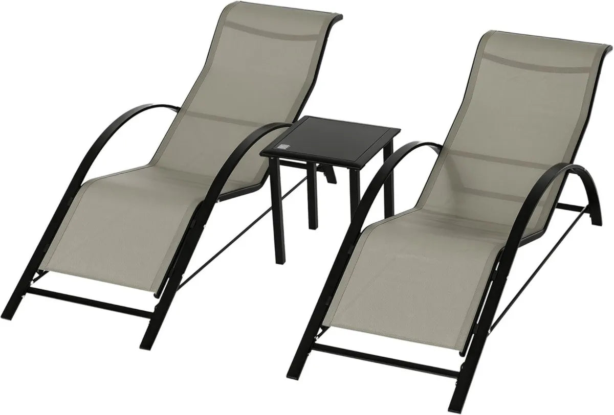 Conjunto de 2 tumbonas de jardín con mesa auxiliar de vidrio para patio, piscina y terraza en gris