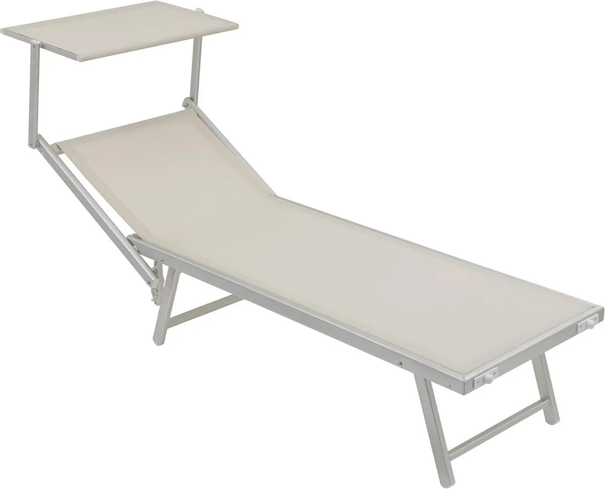 Tumbona de Aluminio con Parasol para Jardín, Playa y Piscina, Revestimiento de Textileno, Blanca, 60 x 190 x 35 cm