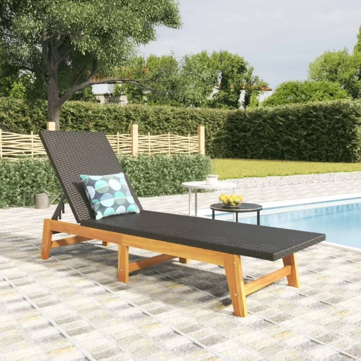 Tumbona reclinable de ratán y madera de acacia para jardín, 200x54x87 cm
