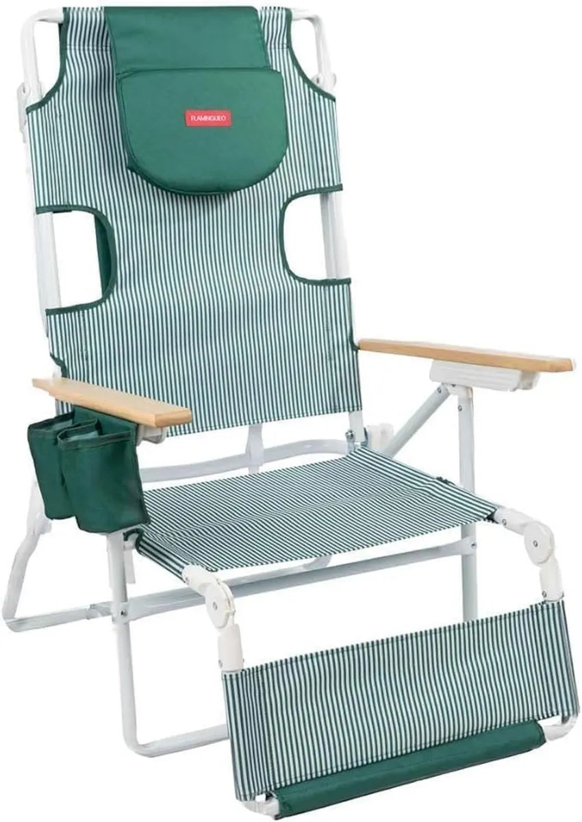 Silla de Playa Reclinable con Reposapiés y Asas de Transporte, 5 Posiciones de Comodidad