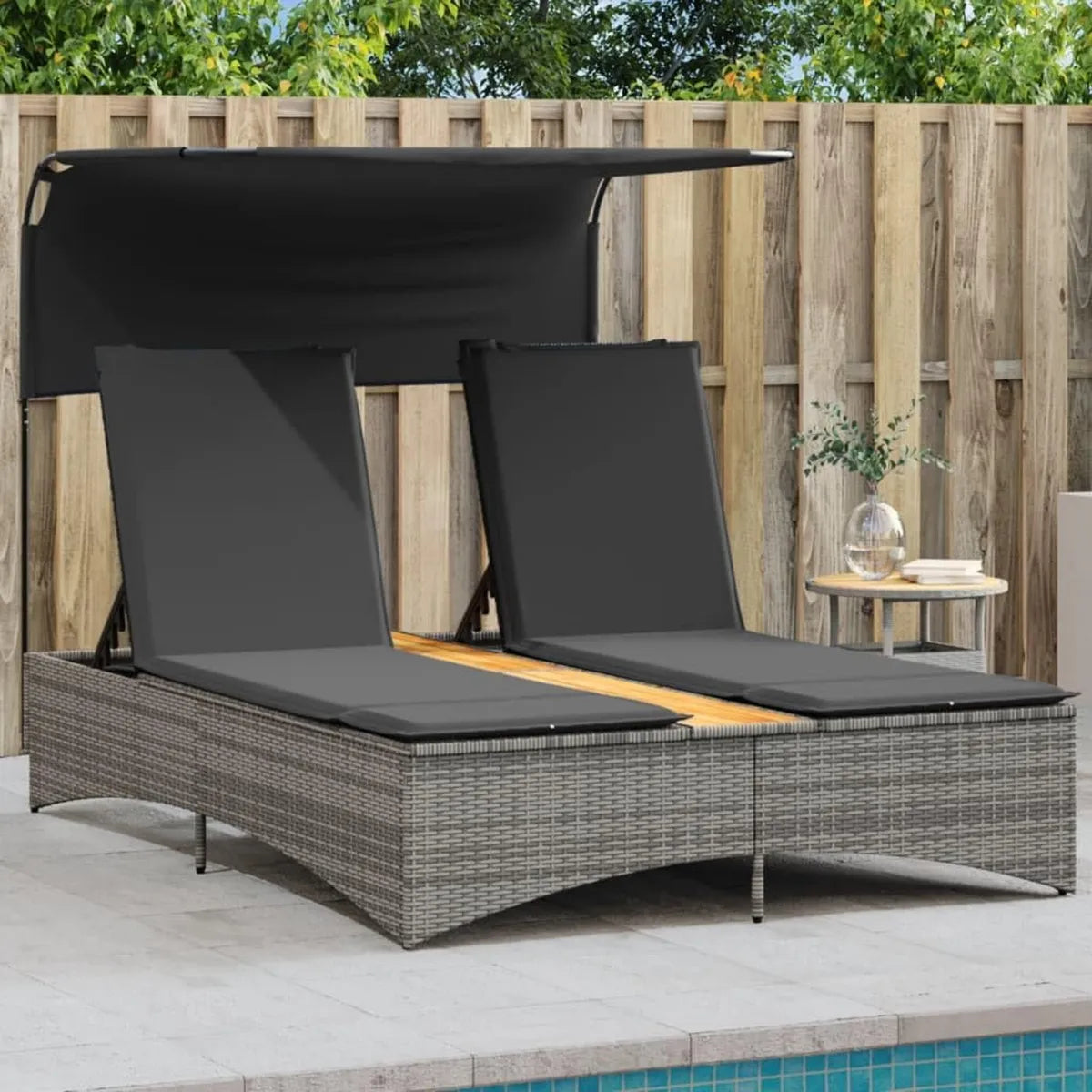 Sofá cama doble de poliratán gris con dosel, respaldo ajustable en 5 posiciones, cojines acolchados para balcón, terraza y piscina