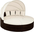 Cama de Jardín XXL 230cm CASARIA, Tumbona 2 en 1, Poliratán Marrón, Asientos con Mesa WPC y Toldo Plegable