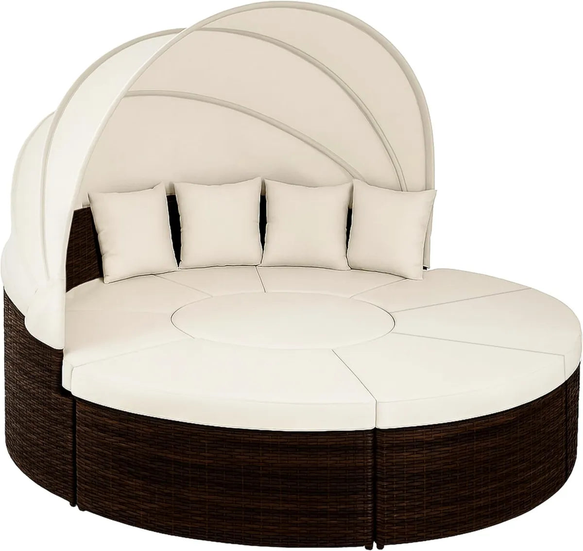 Cama de Jardín XXL 230cm CASARIA, Tumbona 2 en 1, Poliratán Marrón, Asientos con Mesa WPC y Toldo Plegable