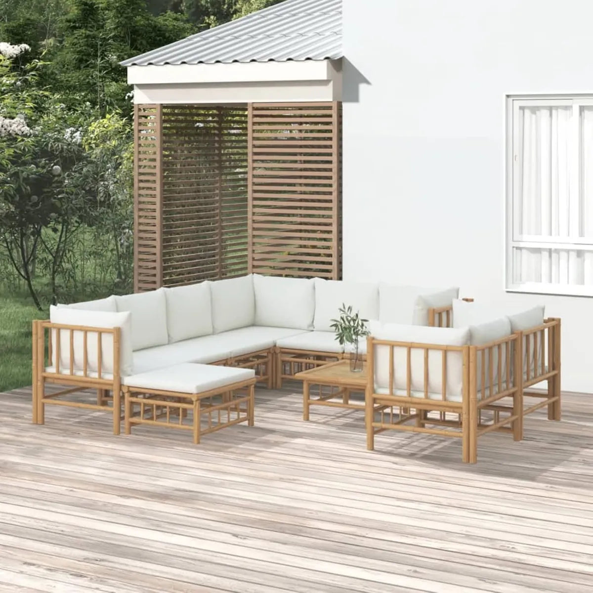 Conjunto de Jardín de Bambú de 10 Piezas con Cojines Crema para Exterior