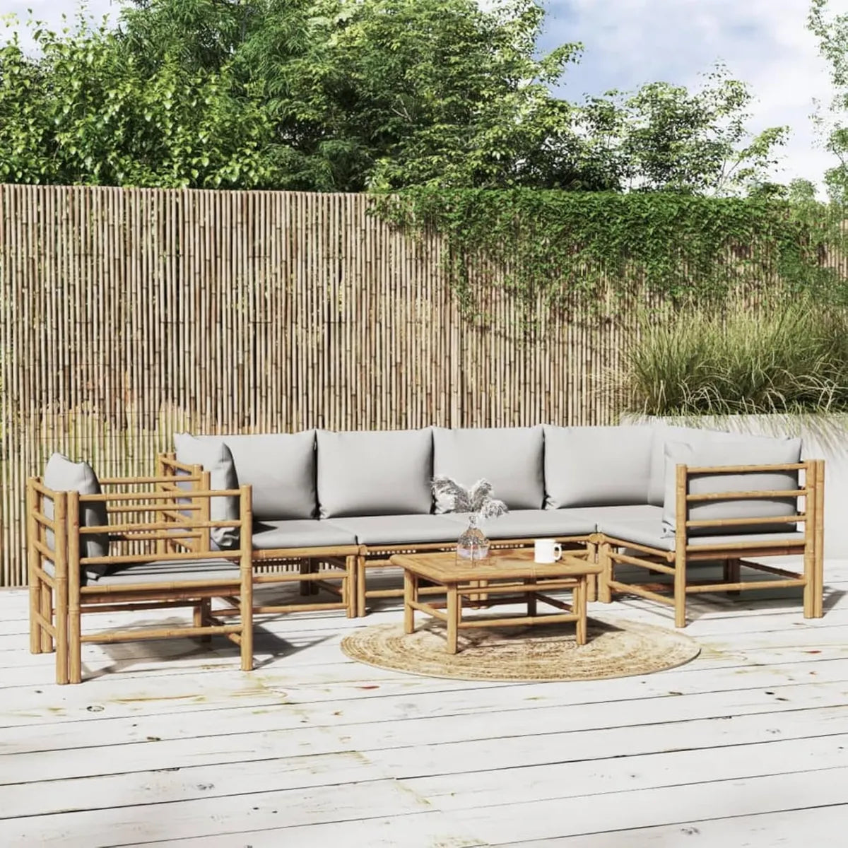 Conjunto de Muebles de Jardín de Bambú 7 Piezas con Cojines Grises
