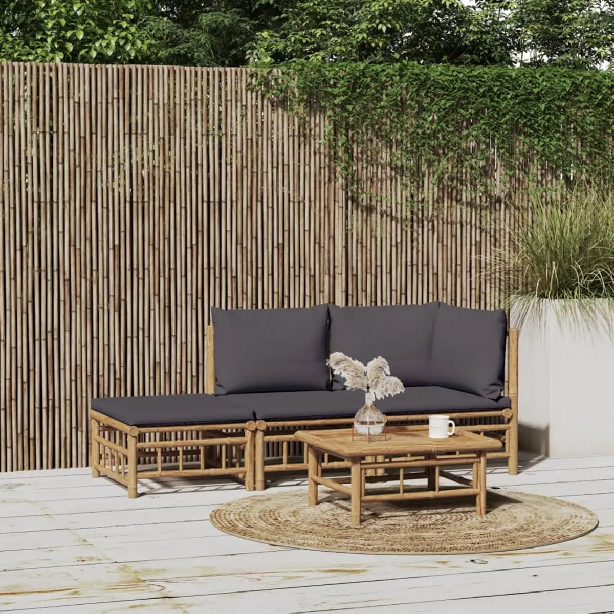 Conjunto de Jardín 3 Piezas con Cojines Gris Oscuro de Bambú