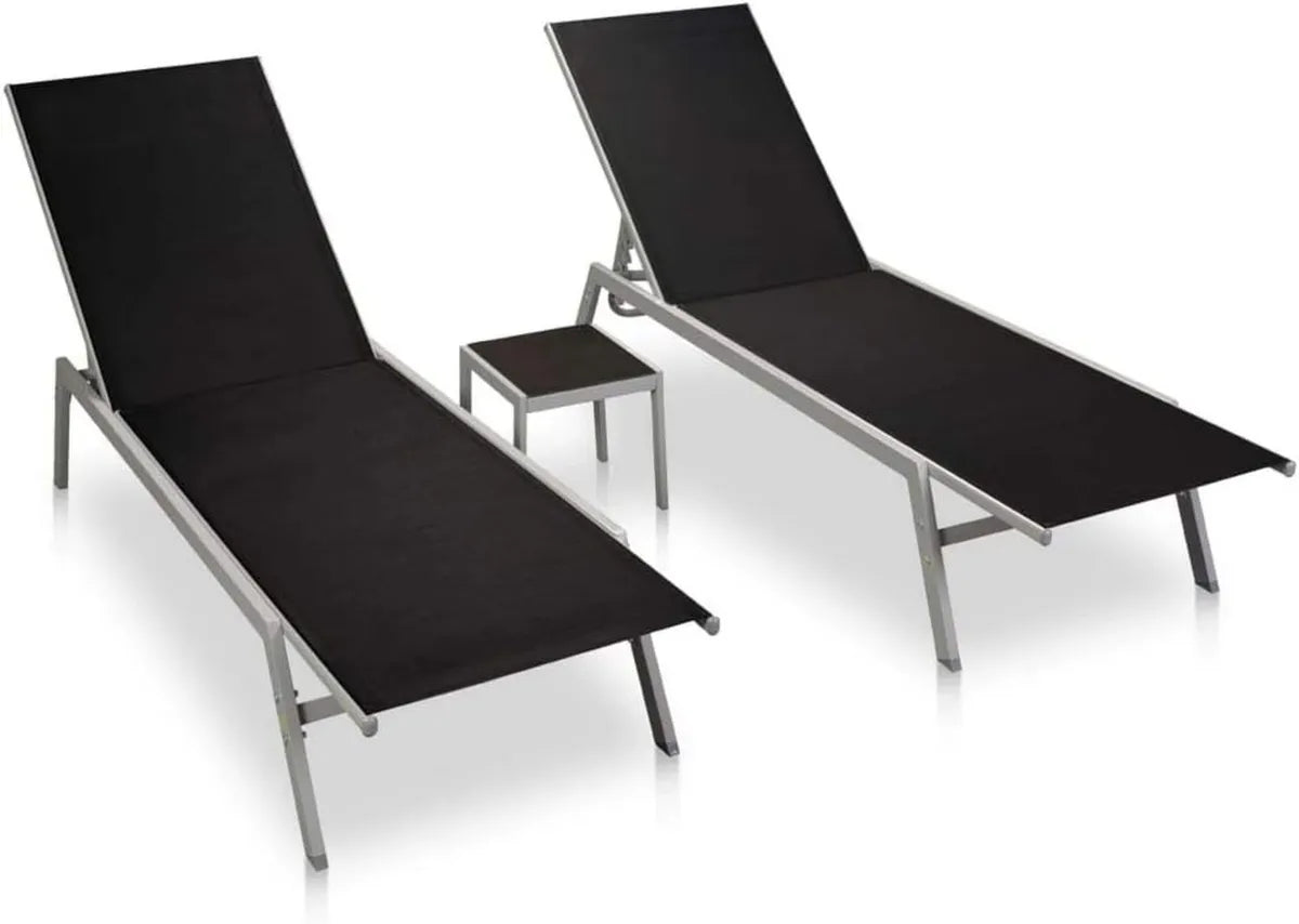 Conjunto de Tumbonas de Jardín con Mesa Auxiliar, Acero y Textileno Negro