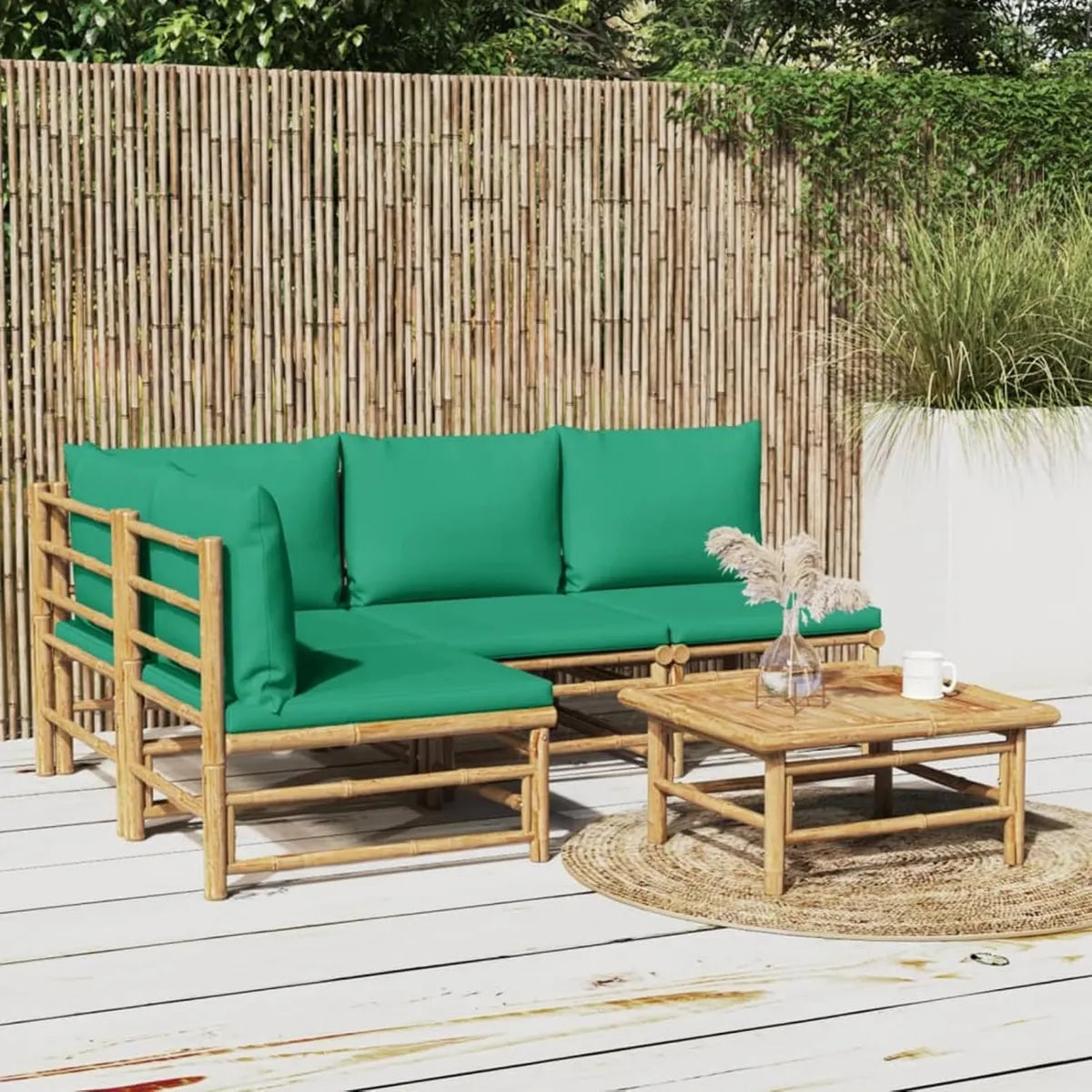 Conjunto de Muebles de Jardín de Bambú de 5 Piezas con Cojines Verdes
