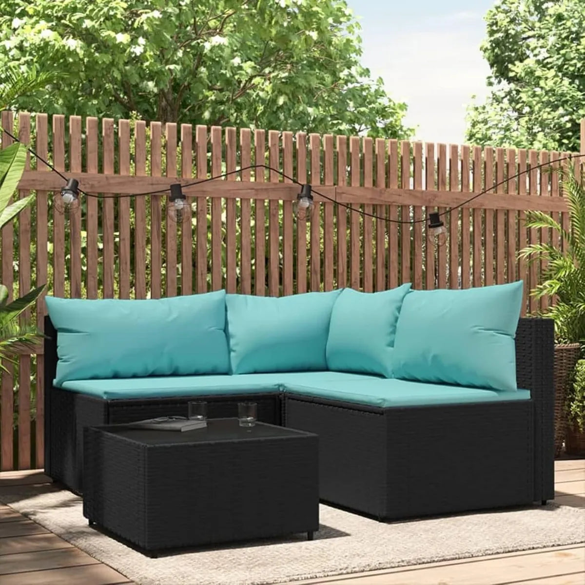Conjunto de Sofás de Jardín 4 Piezas con Cojines Negros de Ratán, Sofá Cama Moderno para Exteriores