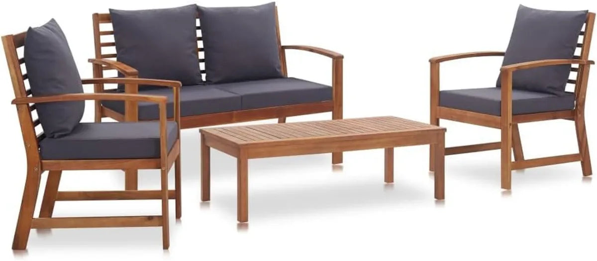Conjunto de Muebles de Jardín de 4 Piezas con Cojines de Madera de Acacia