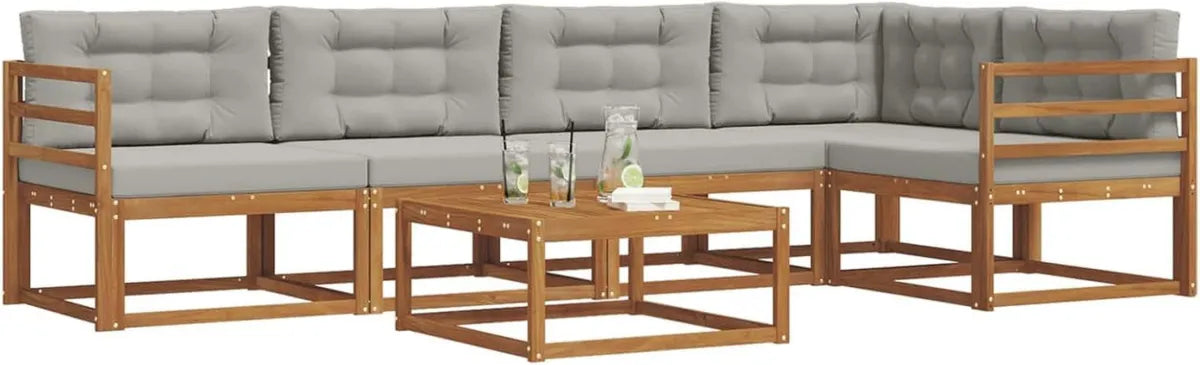 Conjunto de Sofás de Jardín 6 piezas, Natural y Gris Claro, Muebles de Exterior Modernos