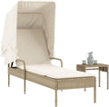 Tumbona de Poliratán con Dosel y Mesa Beige para Jardín y Piscina