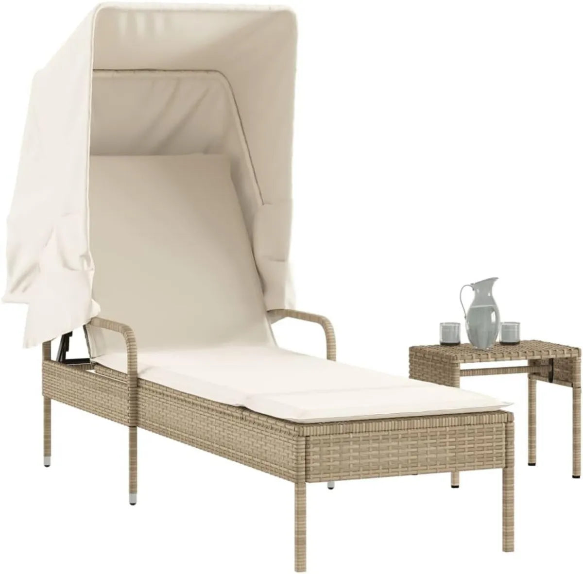 Tumbona de Poliratán con Dosel y Mesa Beige para Jardín y Piscina