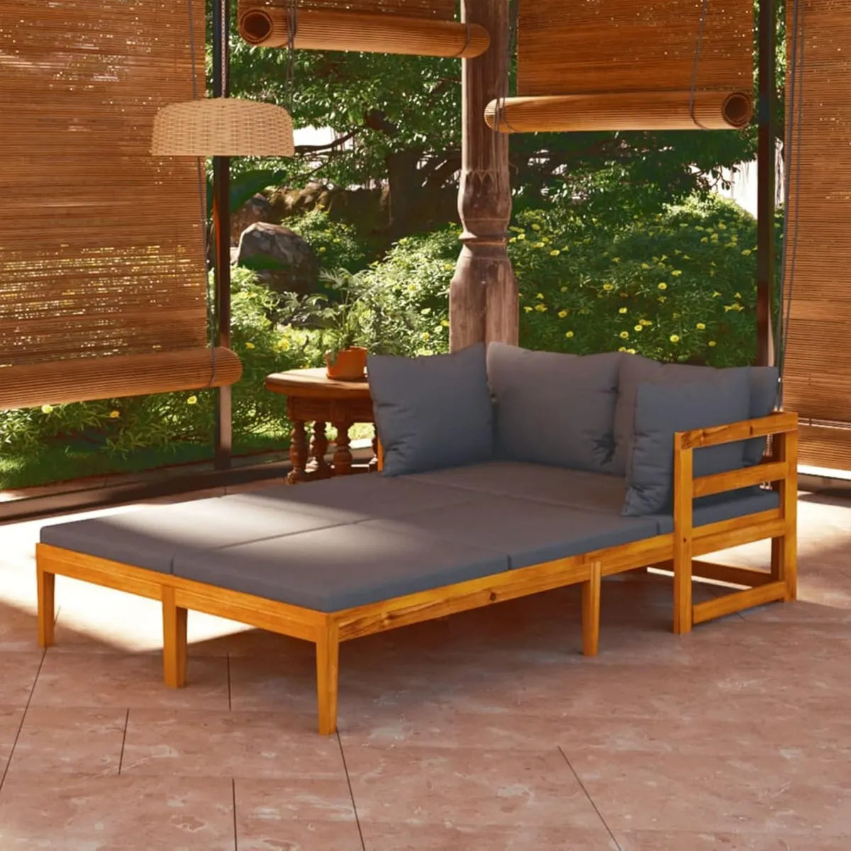 Tumbonas Reclinables de Madera de Acacia con Cojines Gris Oscuro para Jardín y Playa, Set de 2