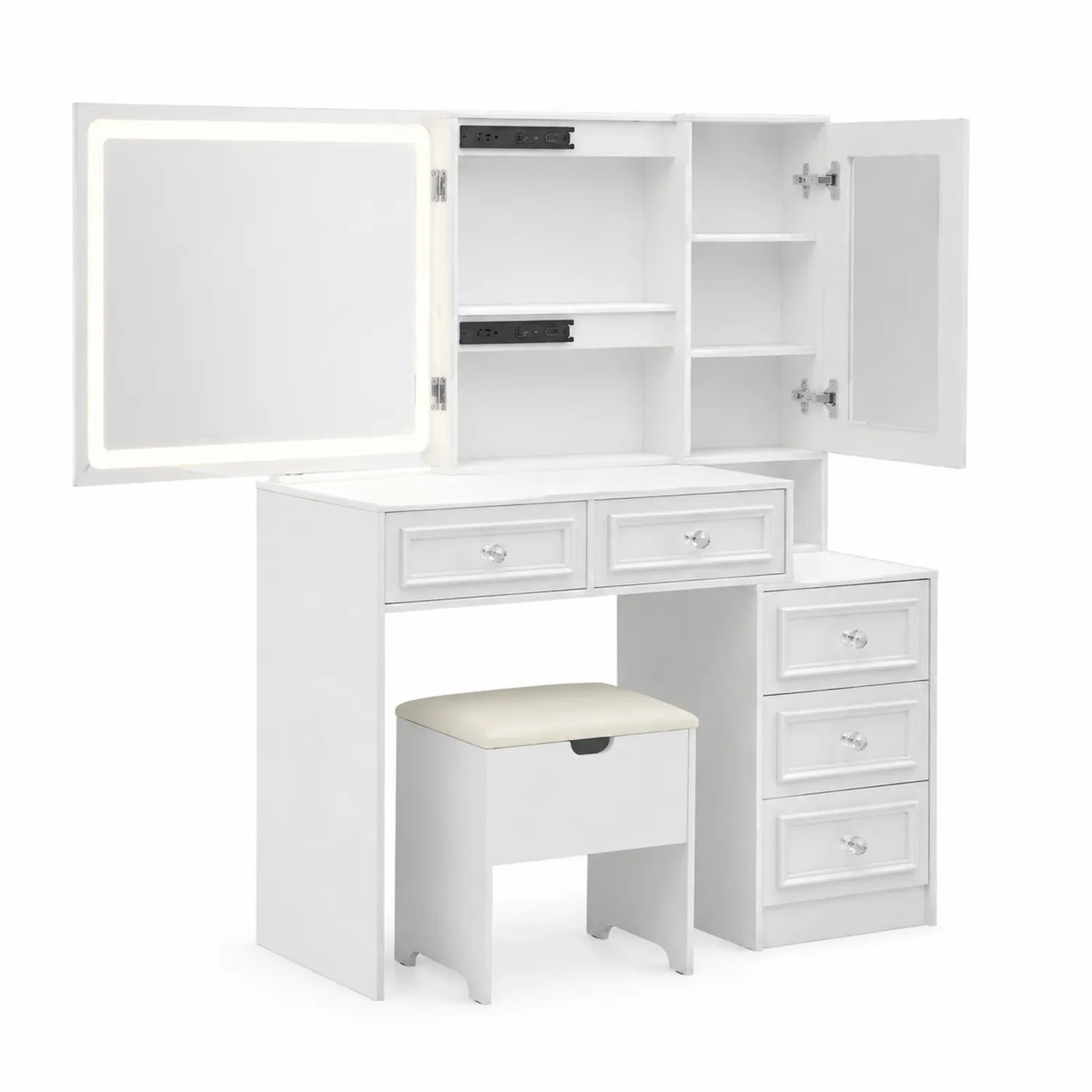 Tocador de Madera MDF con Espejo LED y Múltiples Cajones, Blanco